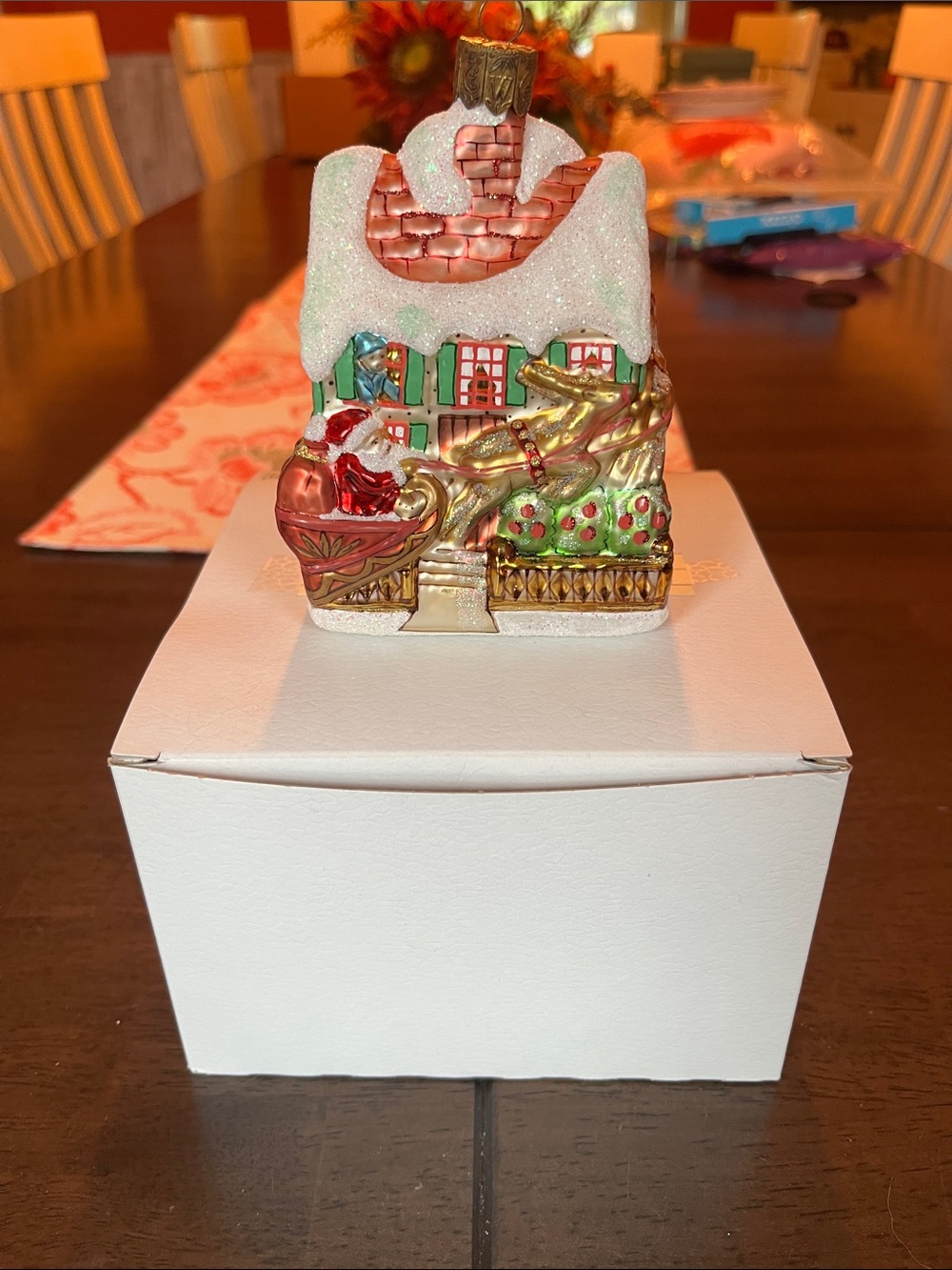 Waterford Glass Snowy Holiday House Ornament in Green, Red & Gold